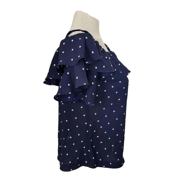 J. Crew Navy White Polka Dot Cold Shoulder Ruffle Top Women’s Size 10 - Picture 6 of 8